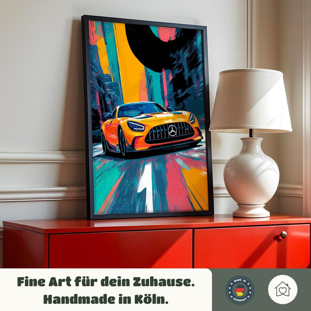 MJ-GRAPHICS® Poster Sportwagen Kunstdruck futuristisches Wandbild abstrakt orange blau urban Deko fürs Wohnzimmerbilder Auto Deko Bilder Büro Wanddeko A2 mit beigem Rahmen
