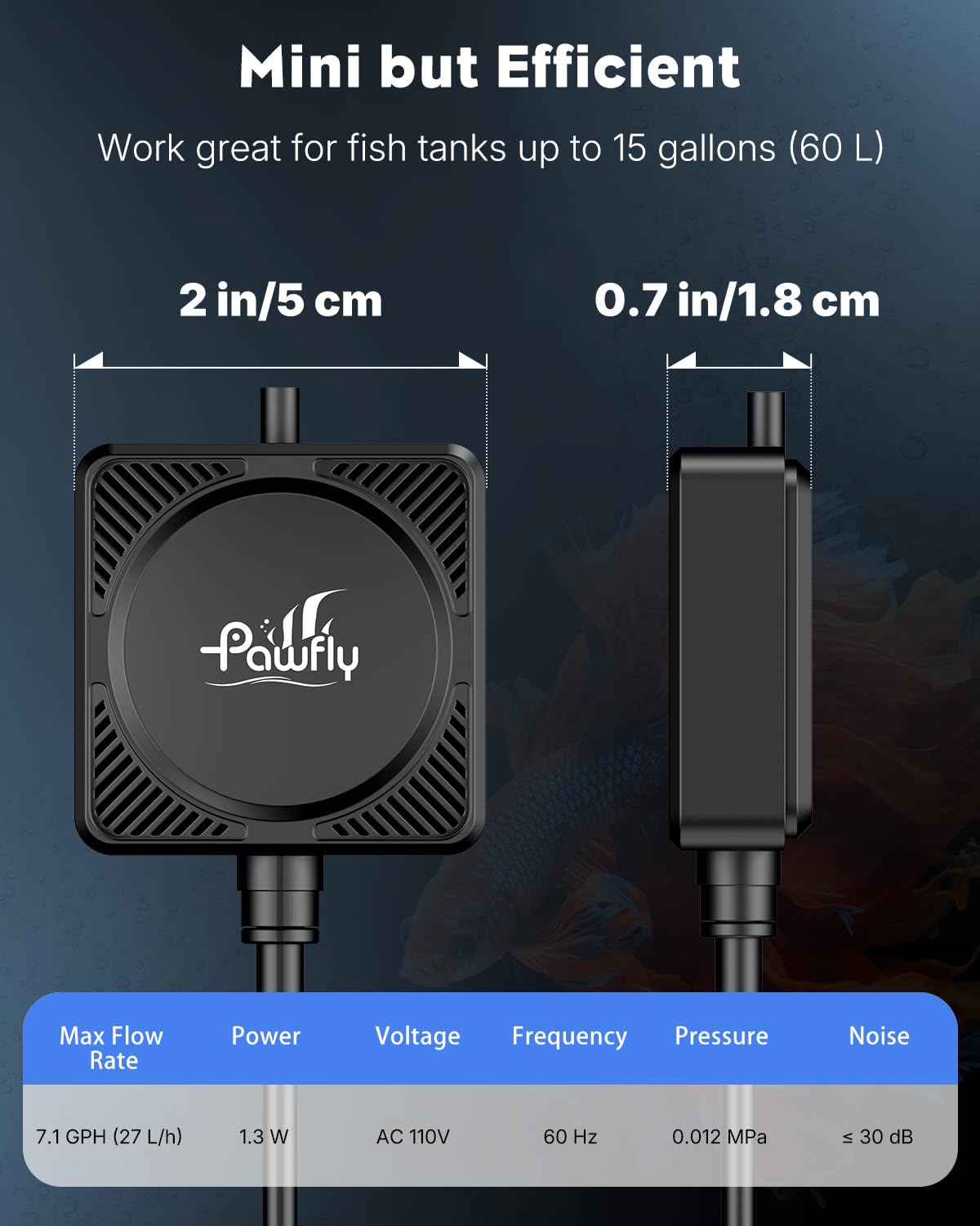 Pawfly Mini Aquarium Air Pump, Ultra Quiet 1.3W Oxygen Aerator for Nano Fish Tanks 1-15 Gallons, Compact Bubbler with Sponge Filter, Airline Tubing and Air Stone - image 2