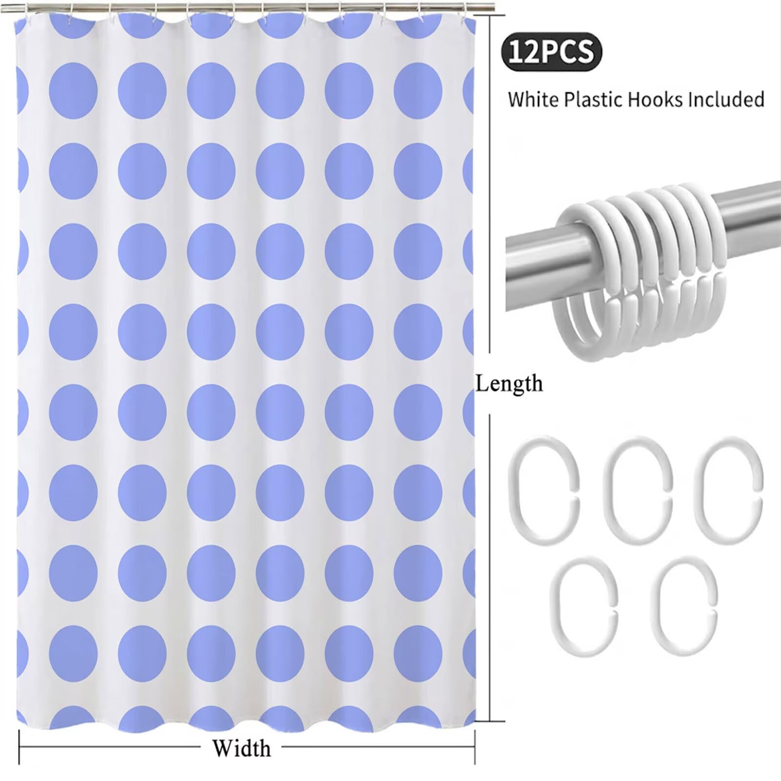 Rideau de Douche 180x240 cm - Tissu Polyester Imperméable Anti-Moisissure - 12 Anneaux Inclus - Ourlet Lesté pour Stabilité - Lavable en Machine - Idéal de Baignoire et Douche - Pois & Bleu Y1#519