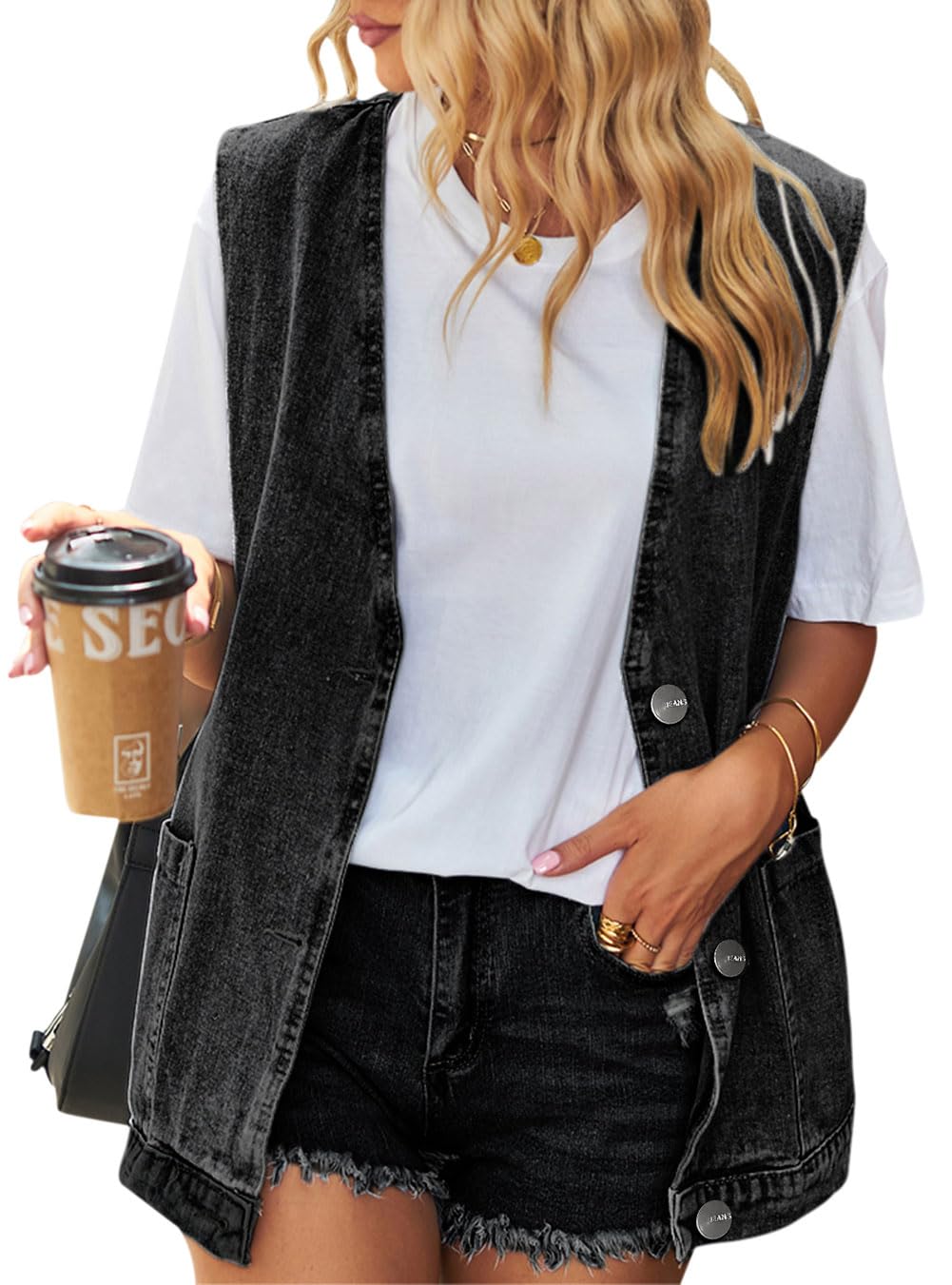 Denim Weste Damen Jeansweste Jeansjacke Oversized Boyfriend Locker Ärmellos Hoodie Jacke Mantel mit Taschen