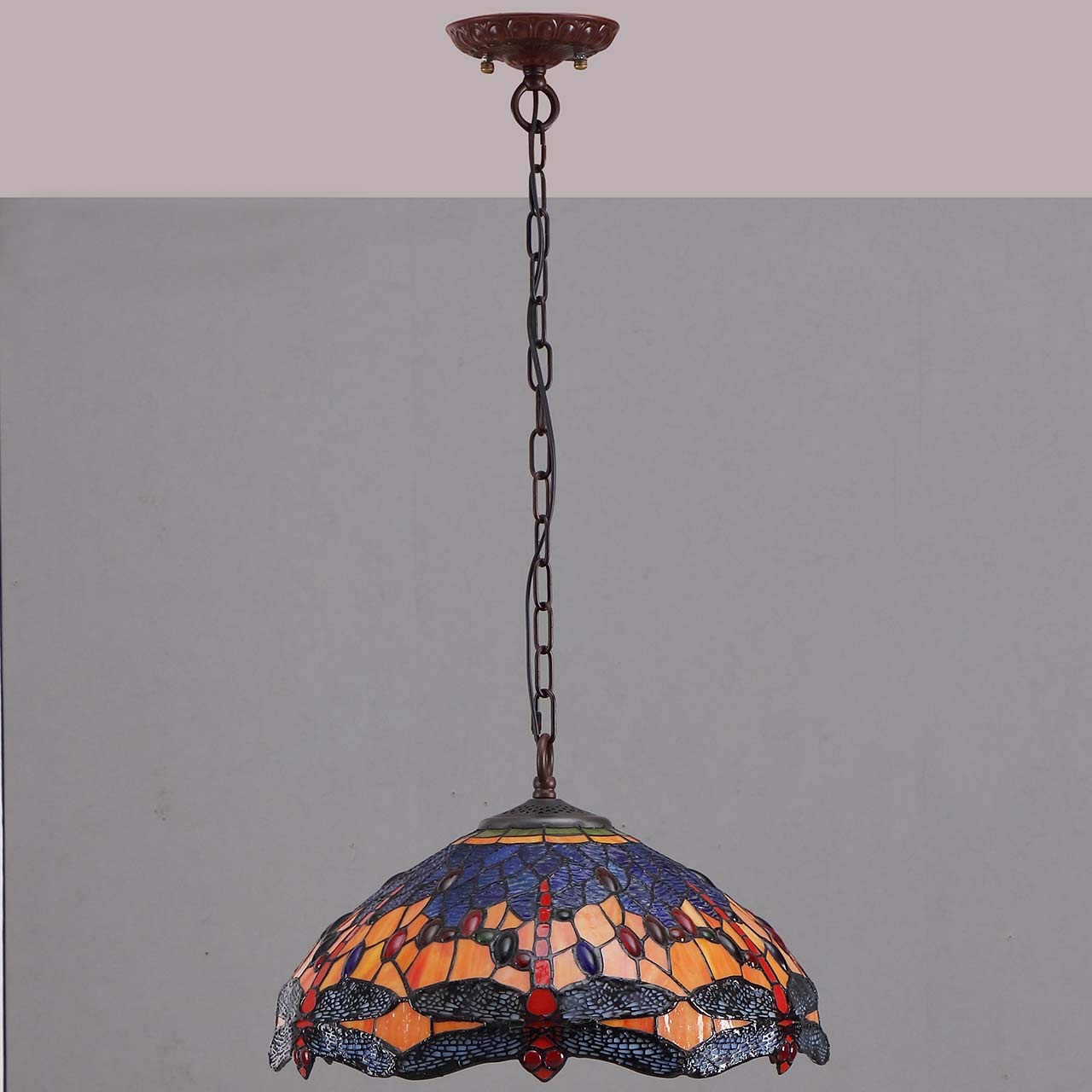 L10709 Dragonfly Tiffany Style - Lámpara colgante de techo con pantalla de diseño complejo de 16 pulgadas de ancho, color naranja y azul 2