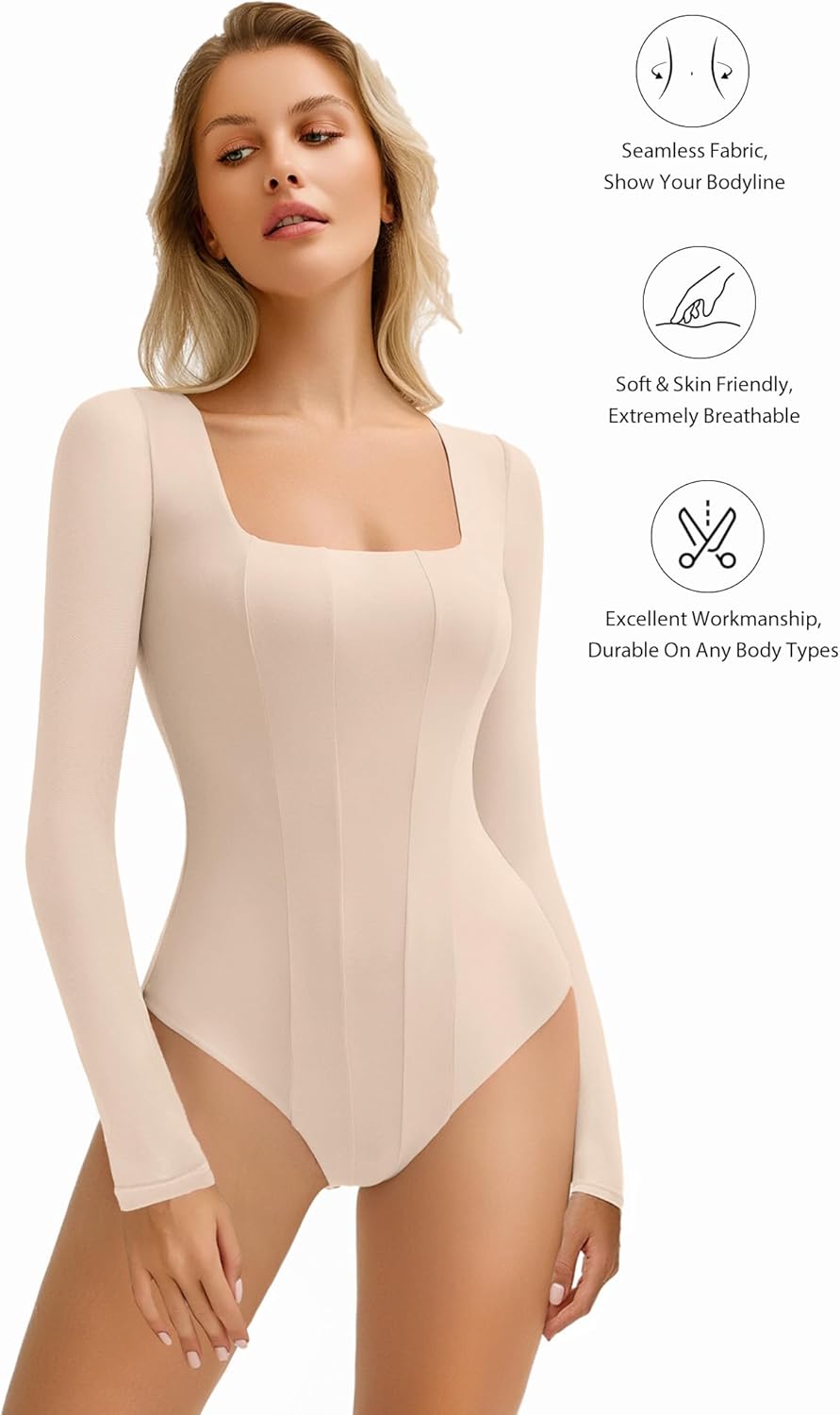 Avidlove Women's Long Sleeve Bodysuits Square Neck One Piece Body Suit Mesh Leotard Tops Double Lined Soft - Image 2