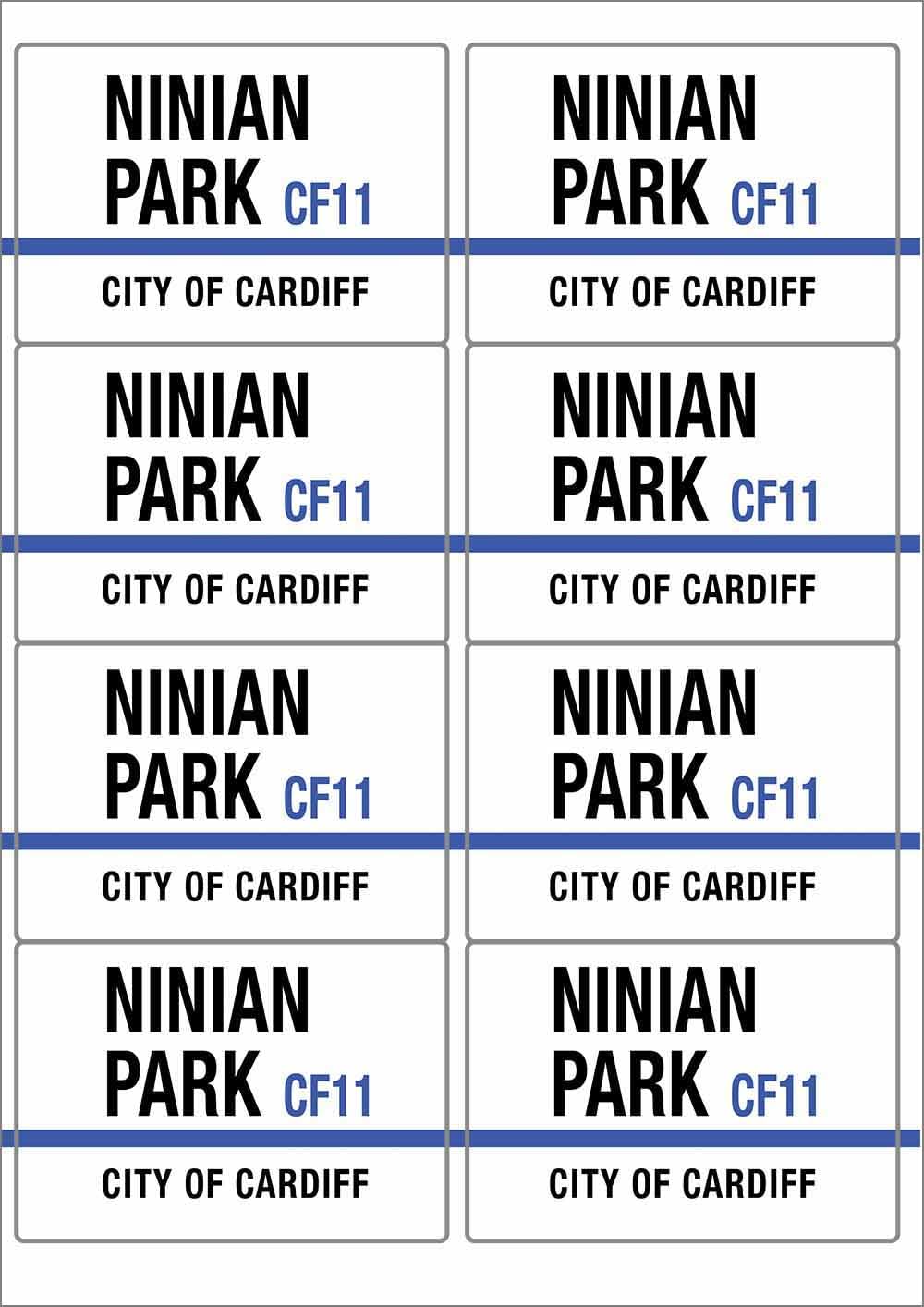 Ninian Park CF11 City of Cardiff Road Sign Rectangular Matt Paper Stickers A4 Sheet of 8 (Each Sticker is 99mm x 68mm)