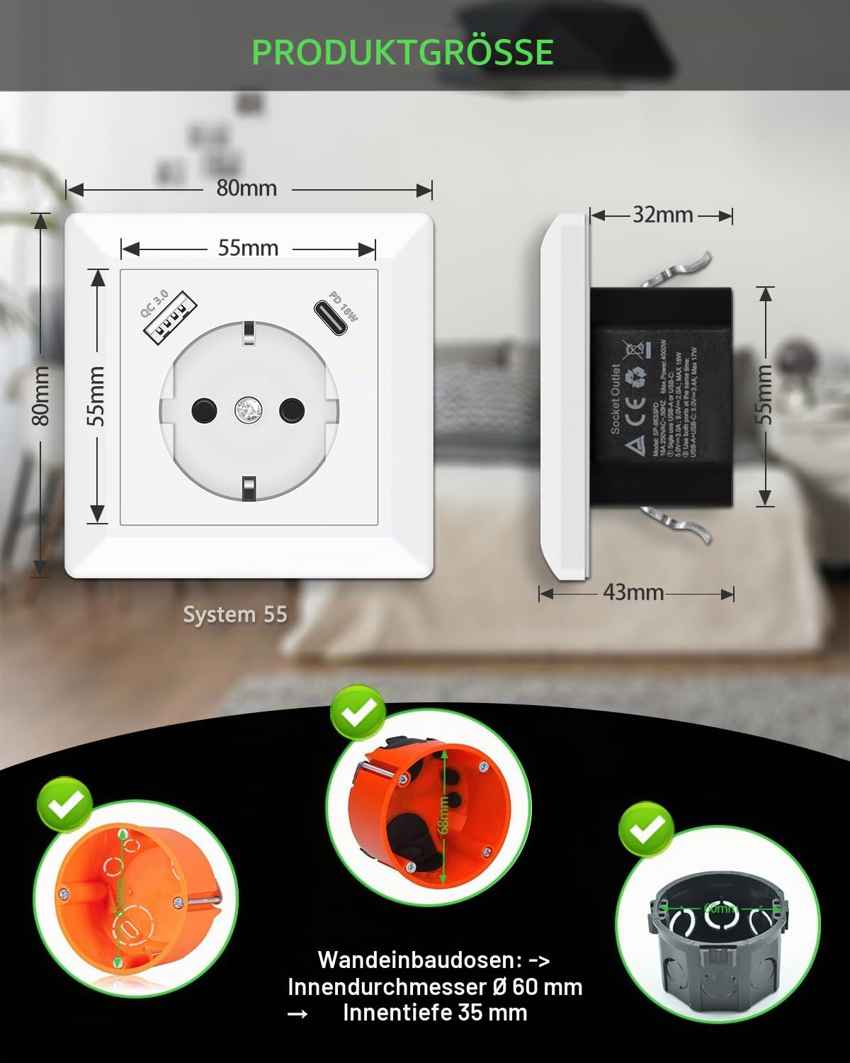 USB Steckdose, 2 X Schuko Steckdose mit USB C Ladegerät Anschluss PD 18W Schnellladung System 55 Reinweiß Glänzend Unterputz Wandsteckdose Passent in Standard Unterputzdose für Büro Hause