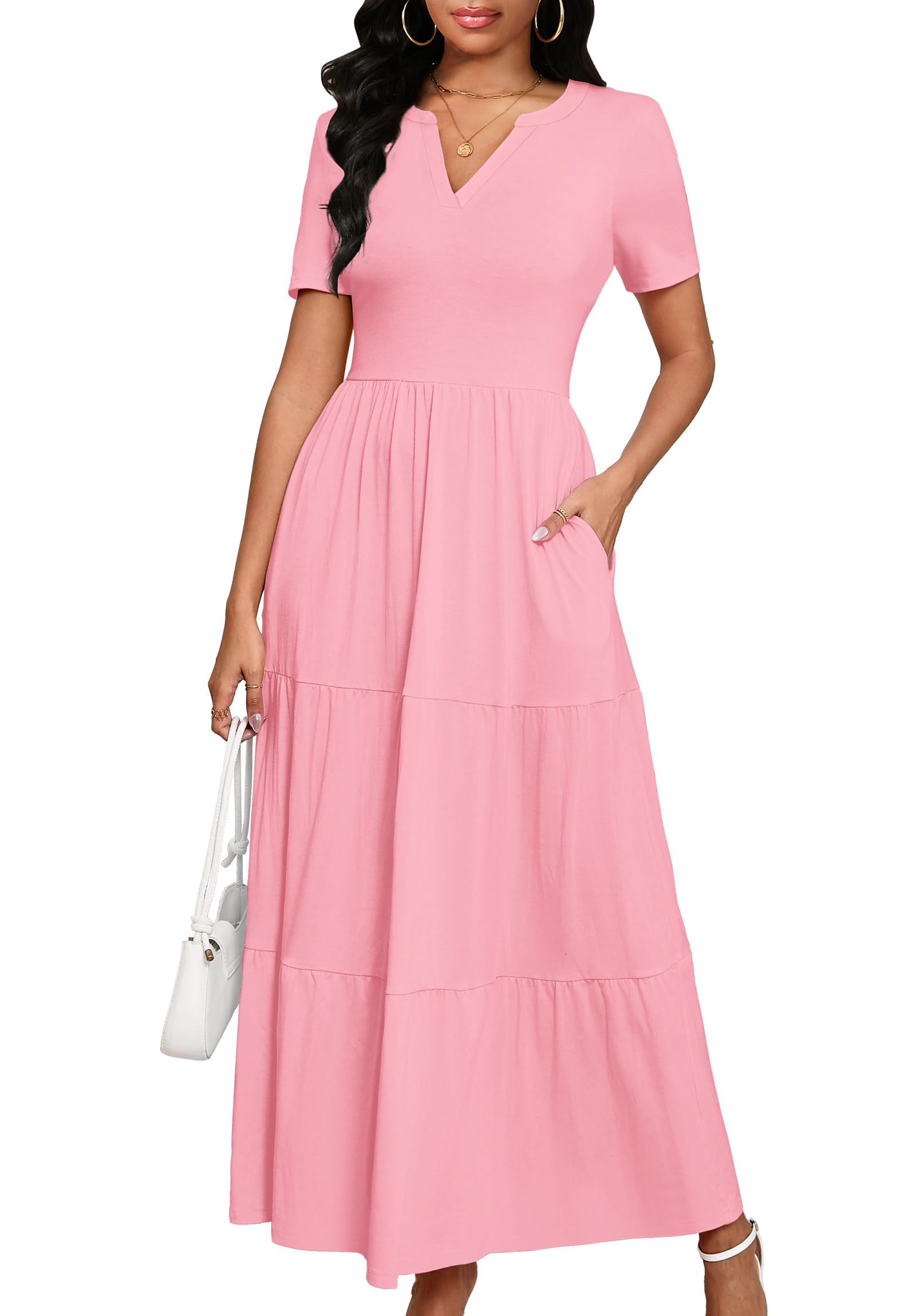 MarryUP Women 2025 Casual Loose Maxi Dress with Pockets V Neck Short Sleeve Tiered Long Summer Beach Swing Dresses