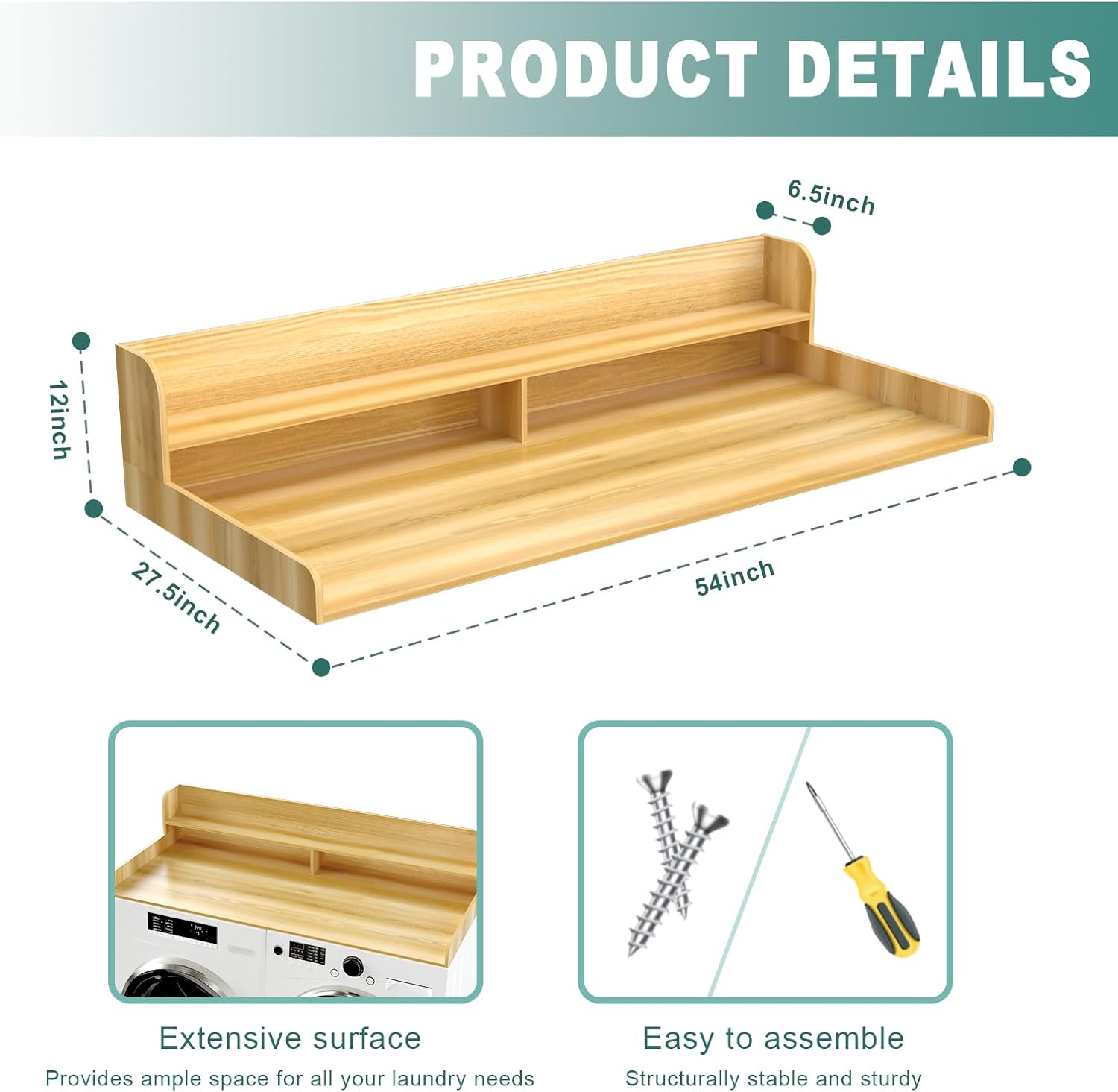Natural Wood Laundry Countertop with Metal Shelf and Guardrails