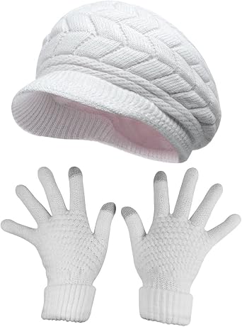Womens Winter Hat and Gloves Set for Girls Wool Knit Skull Cap with Visor
