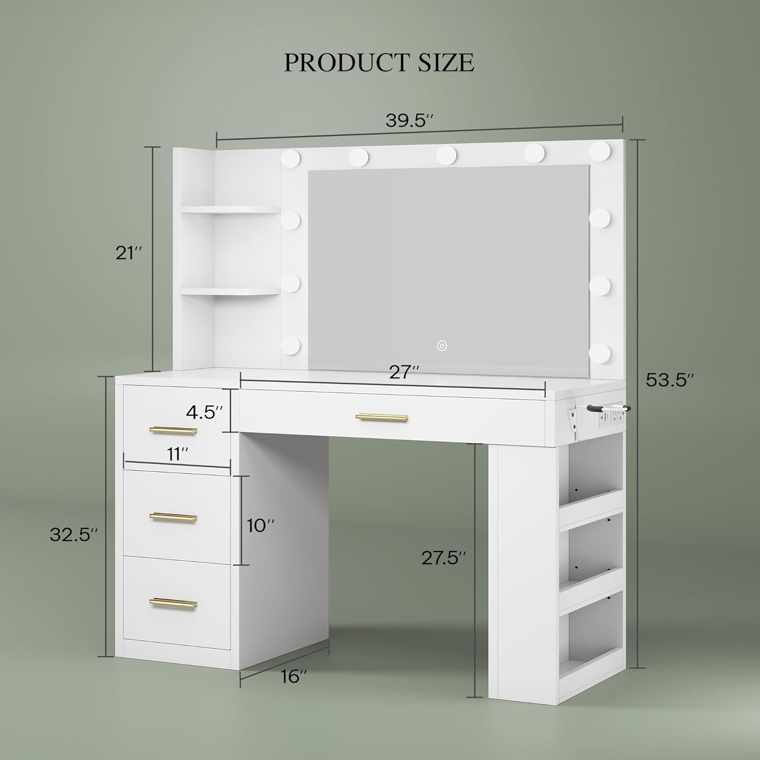 Diagram showing the dimensions of the vanity desk: 39.5 inches width, 53.5 inches height, 16 inches depth.