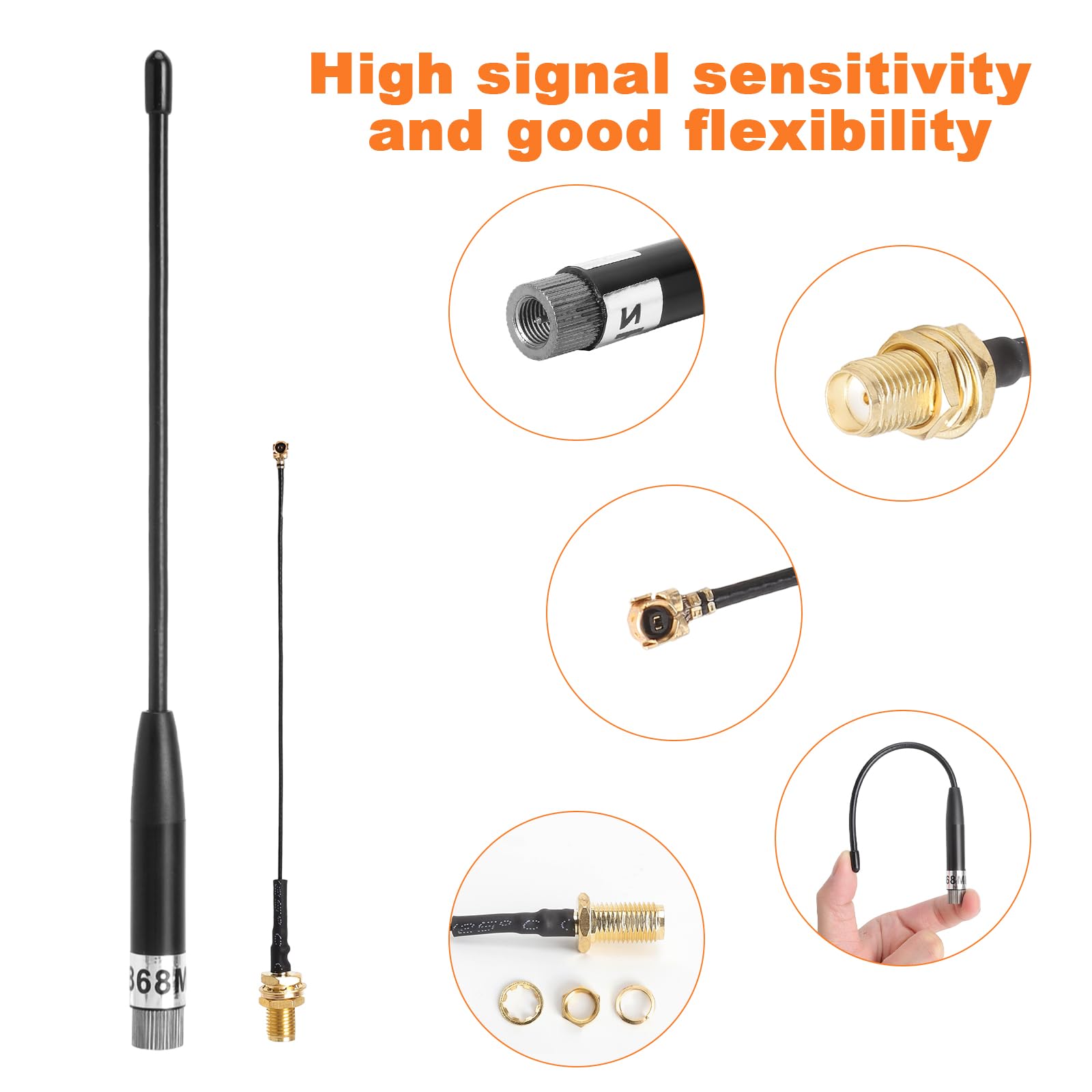 HENGBIRD Antena 868 MHz 8 dbi Meshtastic Lora, długodystansowa antena flex 19 cm, wtyczka SMA, wielokierunkowa, z kablem przedłużającym (1 szt., czarna)
