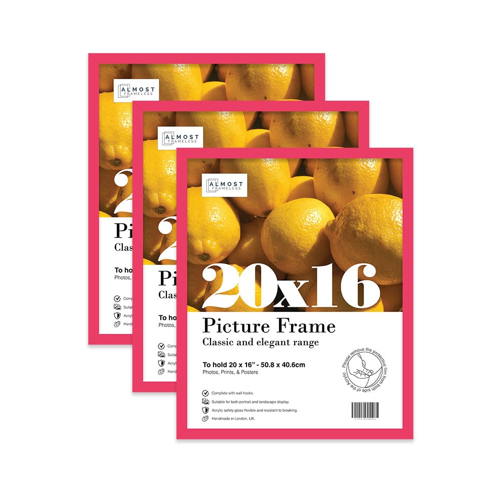Almost Frameless 20x16 Bright Pink Picture Frame Set of 3, Display 20x16 Picture Gallery Wall, Poster, Photo, Artwork, or Print, Yellow