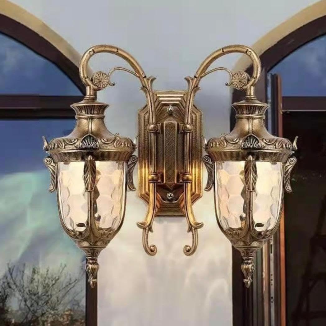 The Crafted Gesture Victorian Wall Sconce Light, Antique 2-Light Outdoor Metal Lantern, Clear Glass Shade, for Entryways, Outdoors, Patios (Antique Gold)