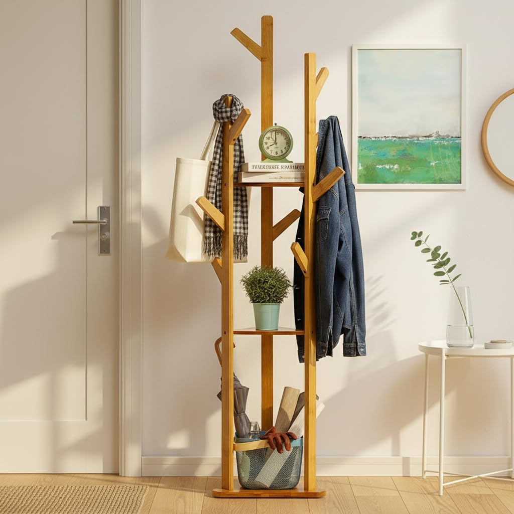 ginoya brothers Modern Freestanding Wooden Coat Rack with Multiple Hooks and Stable Base – Heavy Duty Tree-Style Entryway Hall Stand for Coats, Hats, Bags, Scarves & Jackets for Home or Office-image-29