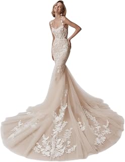 Mermaid Tulle Wedding Dresses Lace Applique Corset V-Neck Sparkly Bridal Gowns with Train for Brides