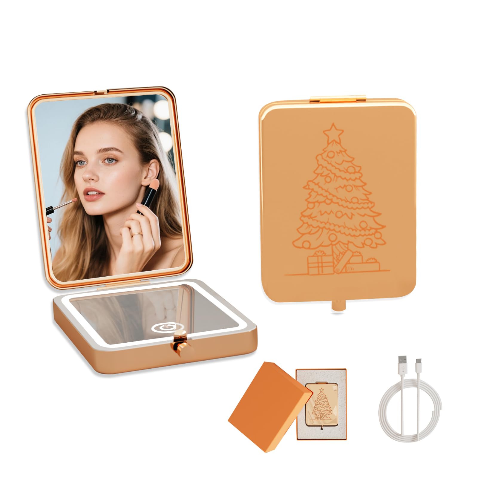 Rose Gold Rechargeable LED Pocket Mirror, 3 Color Dimmable Light 1x/3x Magnifying Compact Travel Makeup Mirror, Portable Folding Handheld Lighted Purse Mirror for Women Christmas Stocking Stuffer Gift