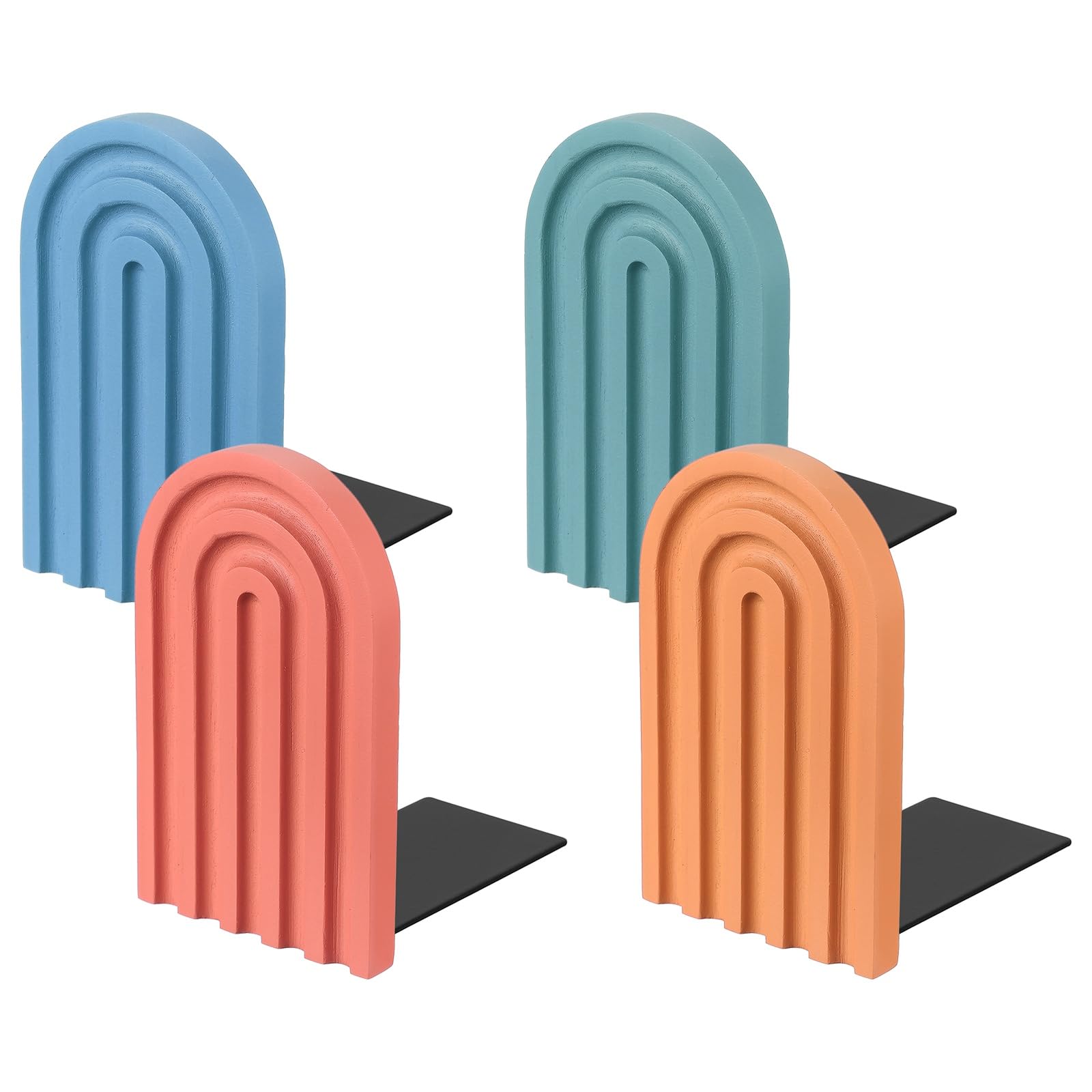 PATIKIL 4Pcs Arch Bookends, Non-Skid Wood Book Ends for Shelves Book Stopper for Holding Books Movie CD Home Office Library Decorative, Red/Light Orange/Sky Blue/Light Blue