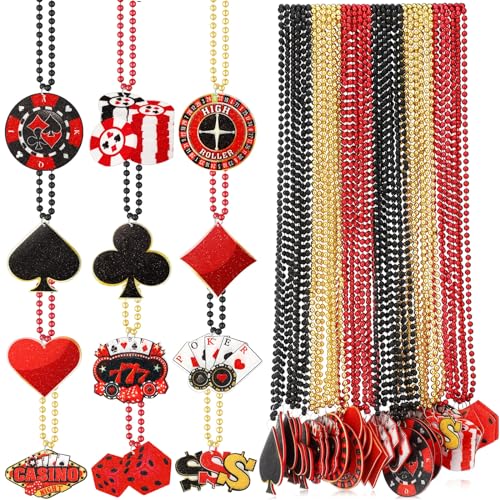 Ferreve 36 Pcs Casino Night Beaded Necklaces Bulk 12 Styles Casino Dice Dollar Sign Necklaces Gold Red Black Beaded Necklace for Birthday Party Favors Supplies (Dice)