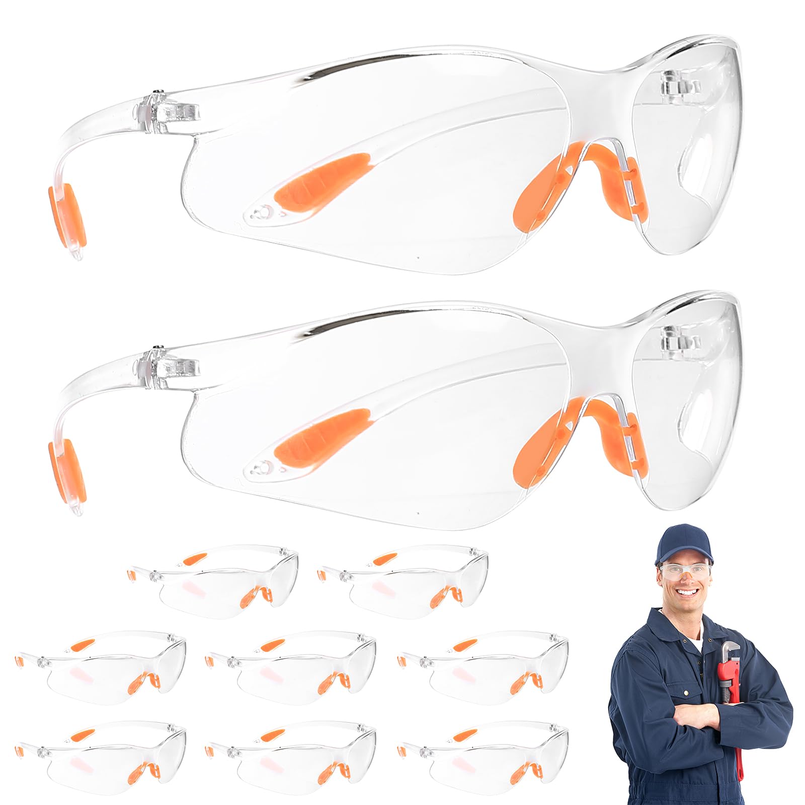 10 Stück Schutzbrille Arbeitsschutzbrillen, Transparent Sicherheitsbrillen Arbeitsschutzbrille mit Gummieinsatz Augenschutzbrille für Schießsport Herren Damen (Orange)