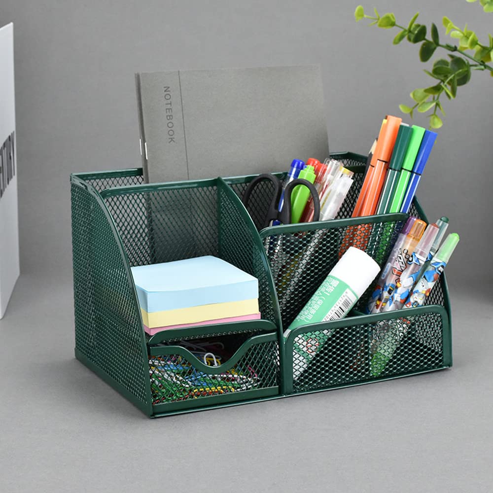 Organizador de escritorio verde con 6 compartimentos y cajón, organizador de escritorio para almacenar artículos de papelería, baratijas, cosméticos, joyas, dispositivos electrónicos para