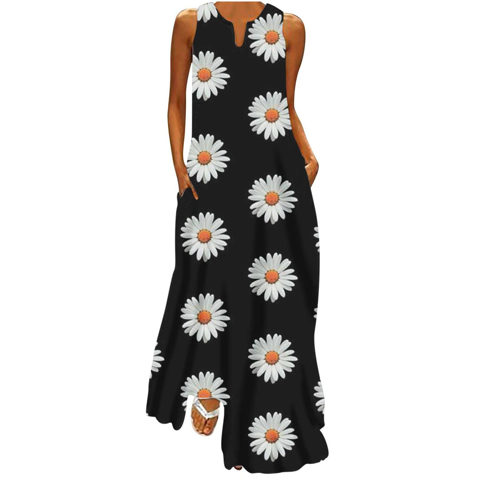 Stessotudo Summer Fashion Dresses for Women Casual Long Beach Maxi Dress Sleeveless V Neck Floral Print Vacation Party Dress