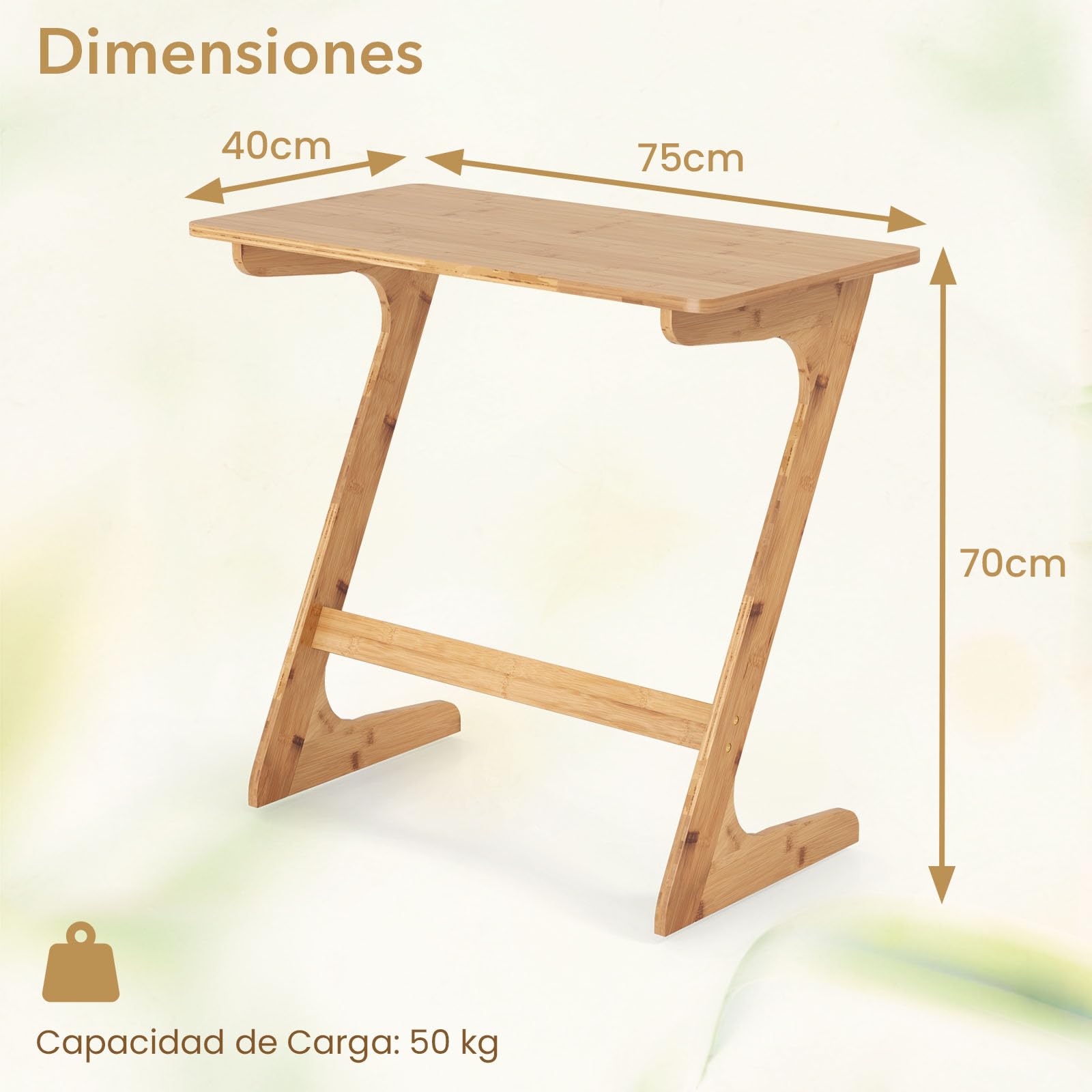 GIANTEX Mesa Auxiliar de Bambú, Mesa Lateral en Forma de Z para Sofá y Cama, Escritorio para Portátil Moderno para Salón, Dormitorio, Estudio, Oficina, 75 x 40 x 70 cm (Natural)