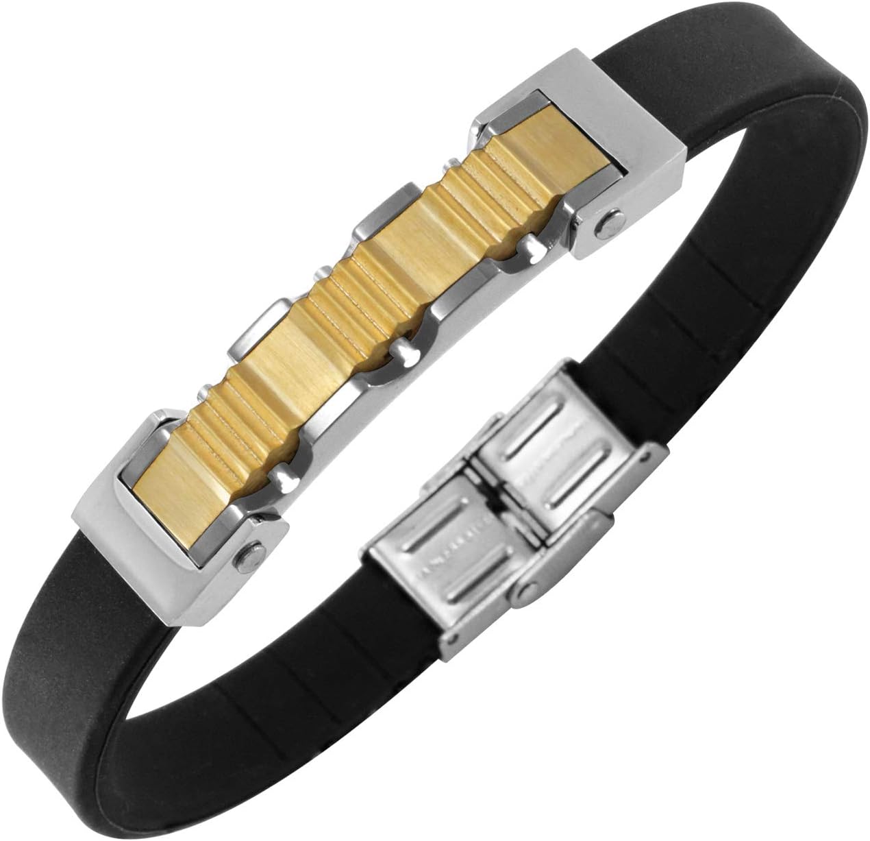 555Jewelry Stainless Steel Plate & Black Soft Rubber Cuff Bracelet for Men, L, Metal, no gemstone
