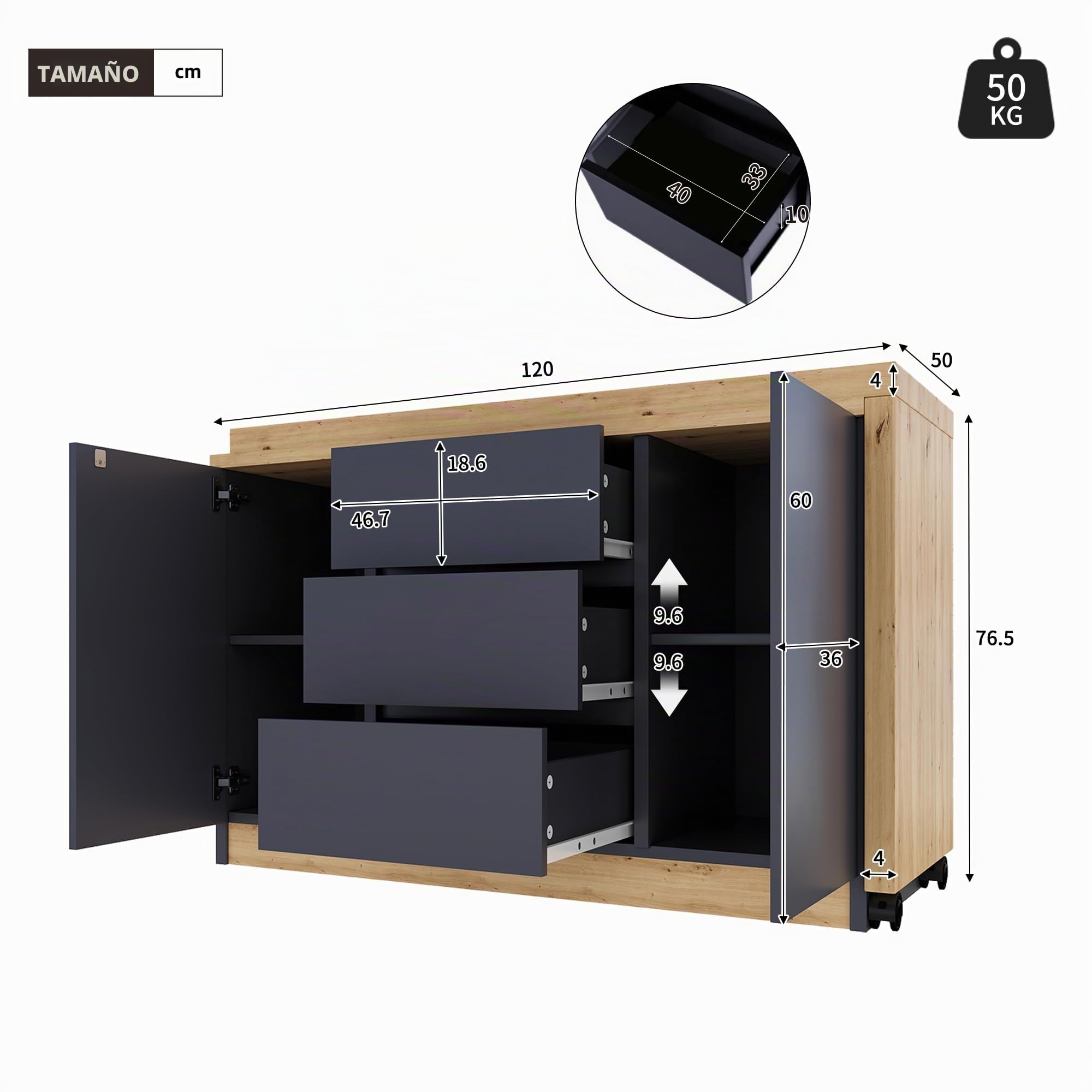 Escritorio con ruedas bloqueables – Diseño multifuncional, 4 cm más grueso, mesa giratoria con bloqueo fijo, plegable, escritorio de esquina, aparador, material grueso (gris/roble)