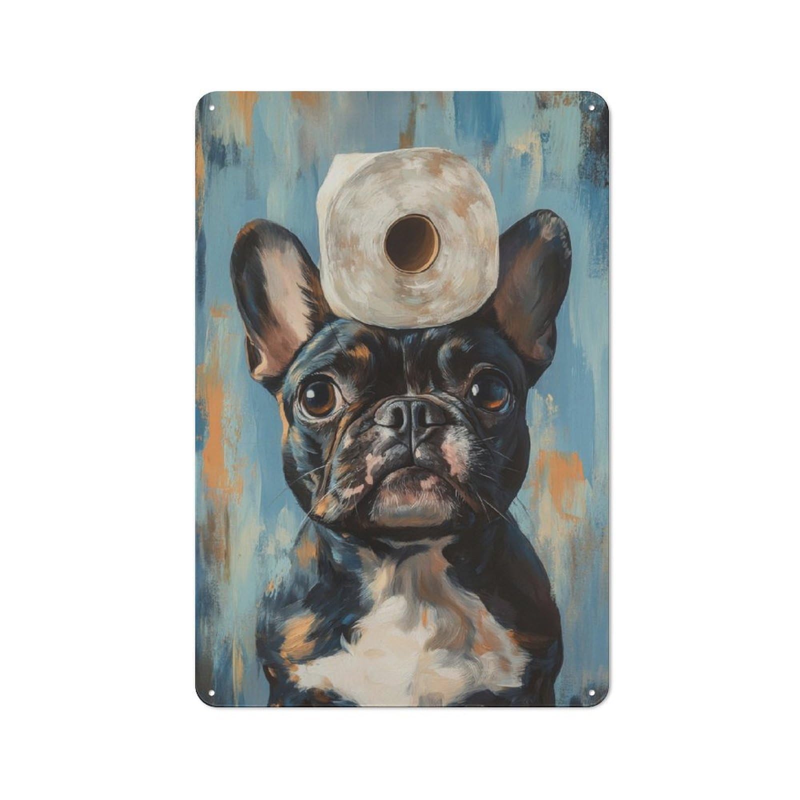 French Bulldog with Toilet Paper Classic Metal Wall Decor 30x20cm, Metal Sign for Cafe, Pub, Workshop Or Home Bar, Small Accent for Blank Walls
