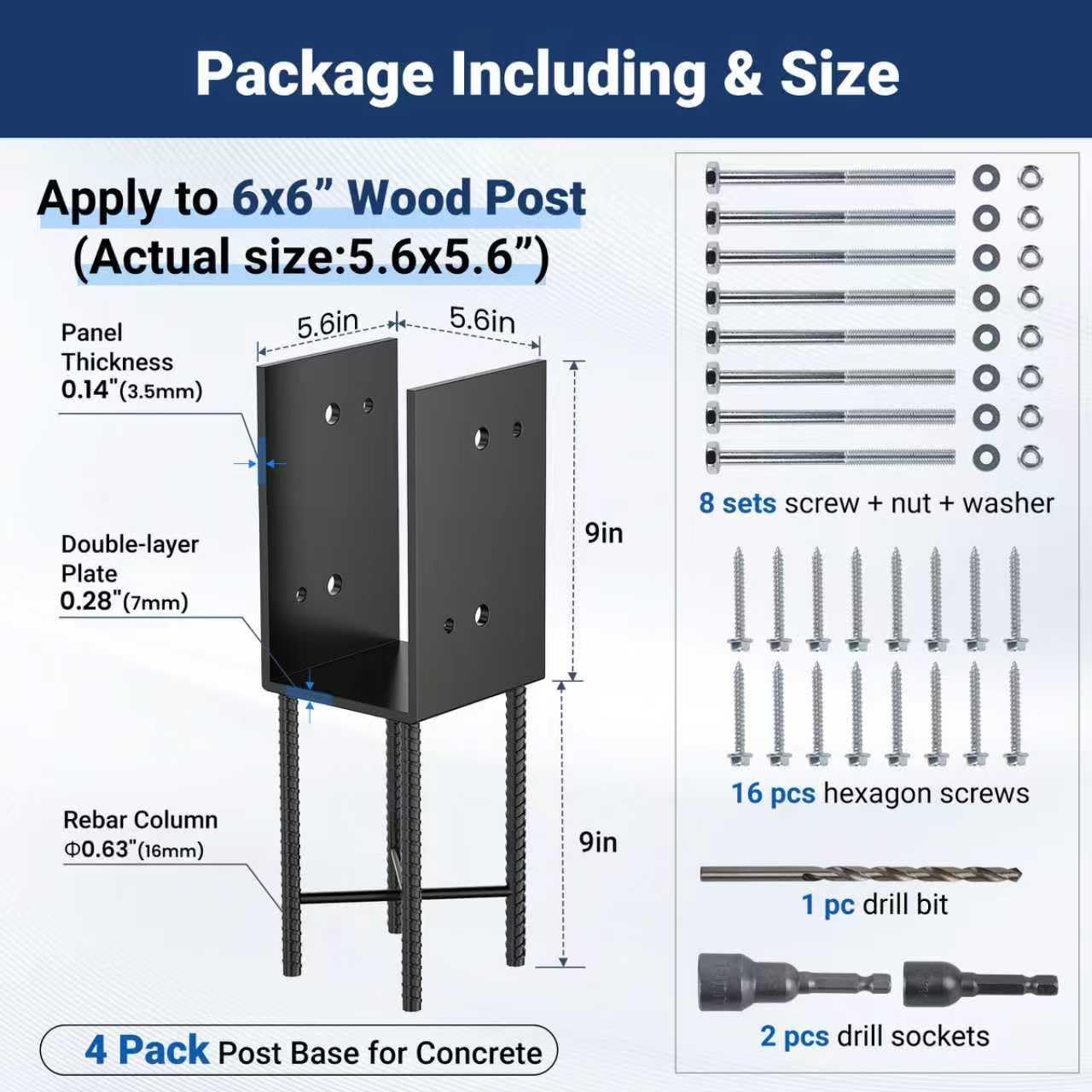 U Shape 6"x6" (Actual 5.6x5.6) Post Base Wet Concrete Fence Bracket Heavy Duty Stainless Steel Deck Railing Wood Fence Sheds Porch Flange Pergola Mailbox Ground Holders Support, 4pk black