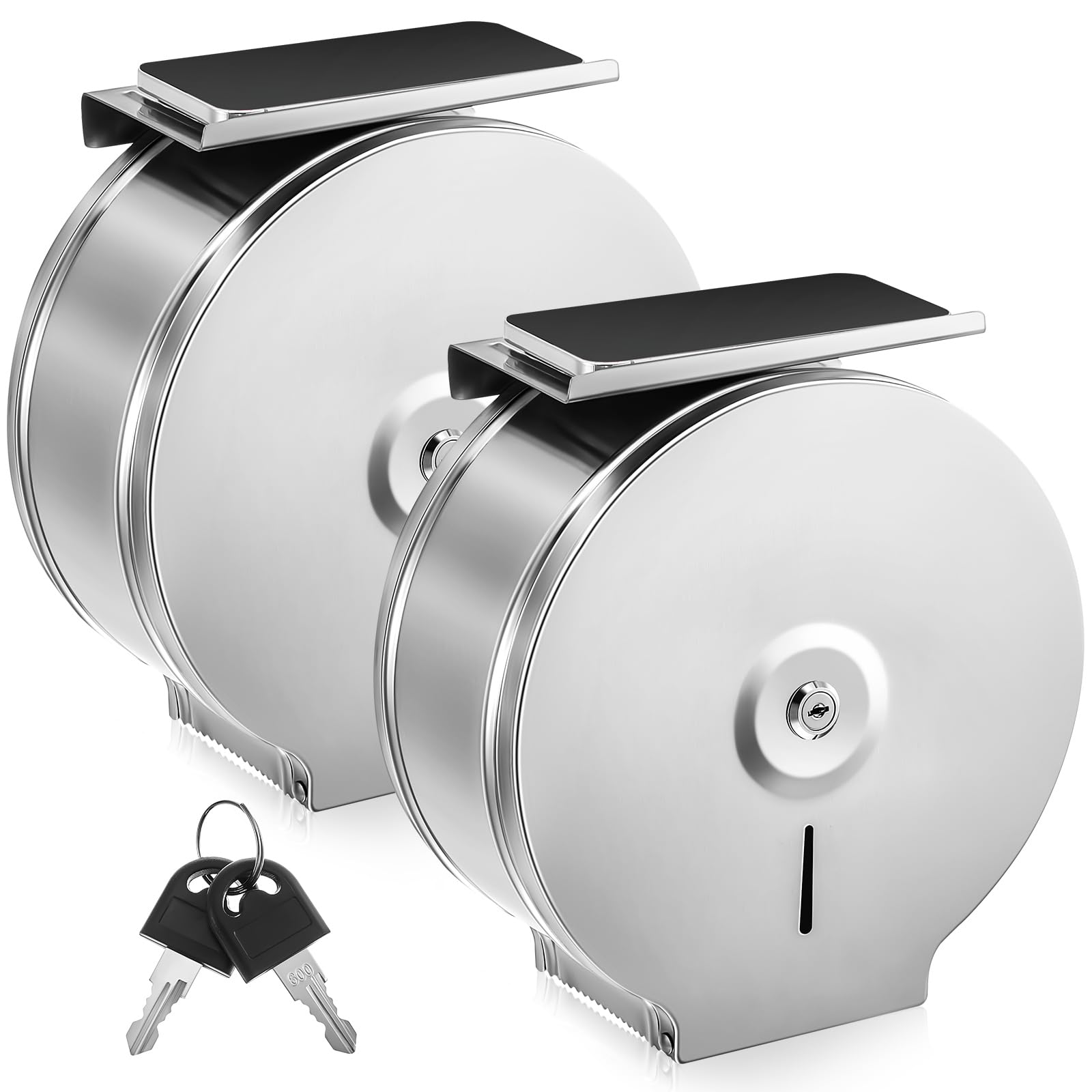 Mifoci 2 dispensadores de papel higiénico con estante de montaje en pared, soporte de papel higiénico comercial de acero inoxidable de 9 pulgadas, dispensador de pañuelos con cerradura y llave para