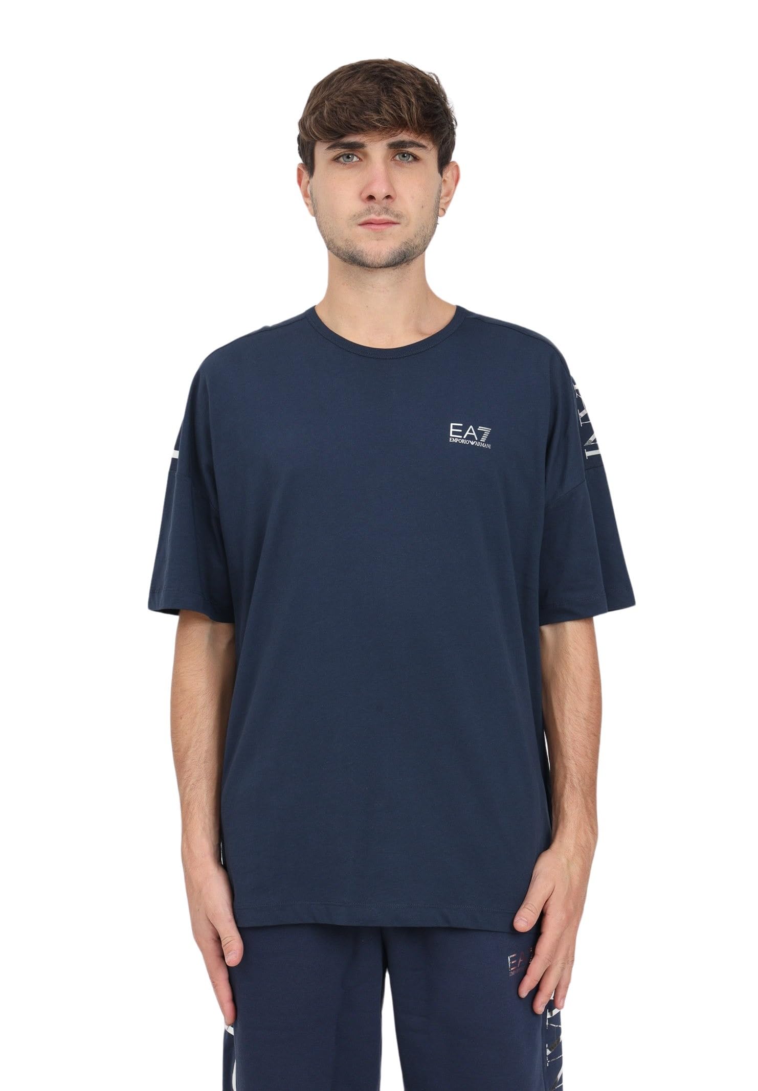 EA7 Camiseta Azul con Logo Plata para Hombre
