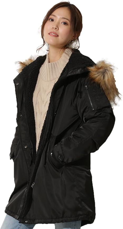 Amazon ファー襟付き中綿モッズコートレディース アウター モッズ 裏ボア付きコート ファー ミリタリーコート ジャケット フード付き 防寒 中綿コート 4l 300円up 裏ボアブラック コート ジャケット 通販