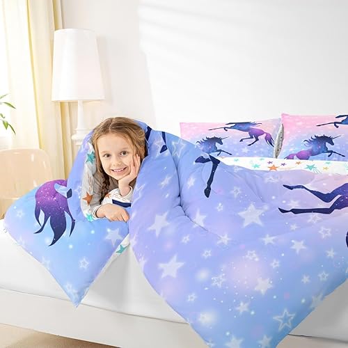 Miniatura 3 de Manfei Juego de edredón con siluetas de unicornio, tamaño King, juego de ropa de cama romántica de cielo estrellado y galaxia, decoración de Navidad