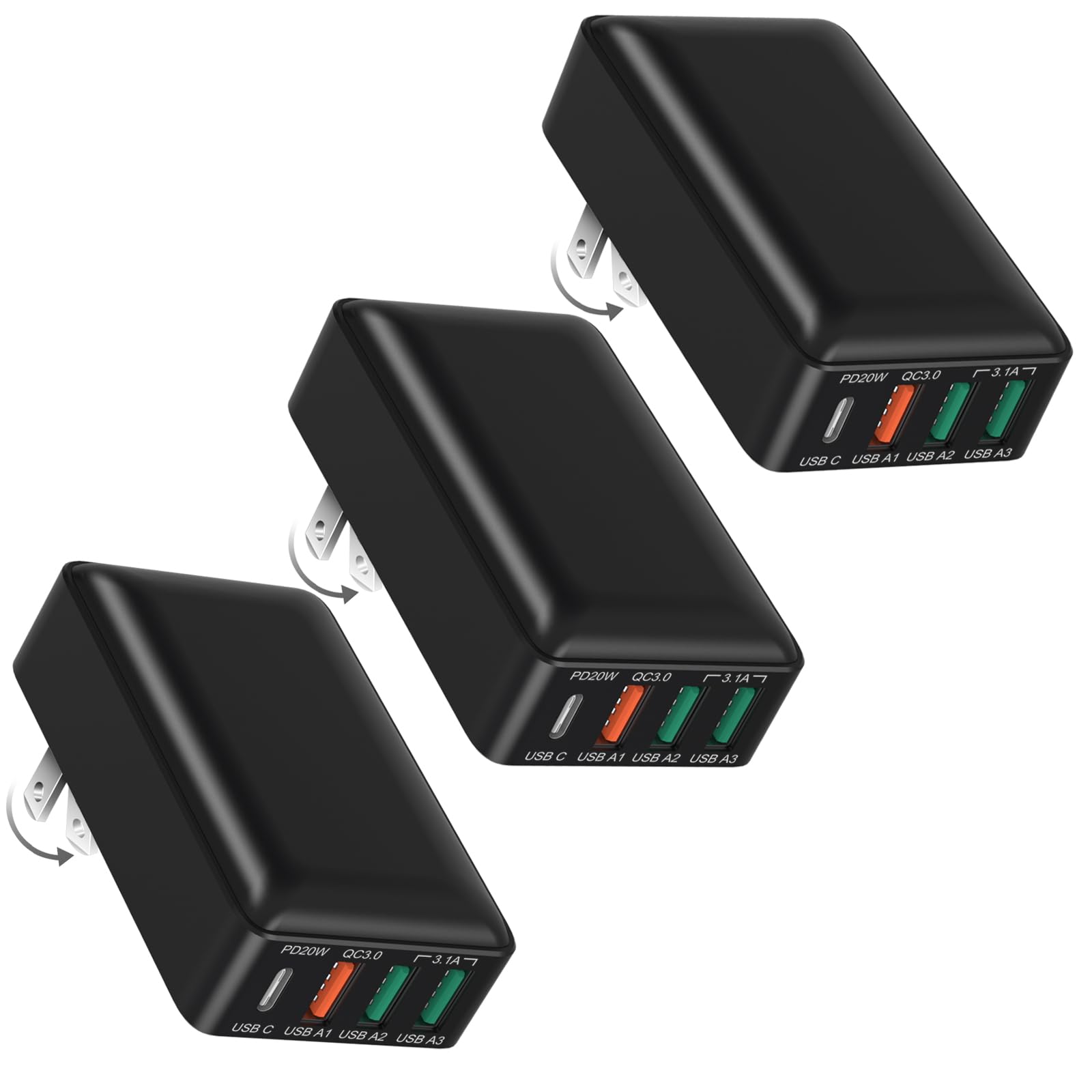Flat USB C Wall Charger, OKRAY 3-Pack 40W 4-Port Fast Charging Brick Foldable Plug, PD3.0&QC3.0 Multiport Slim Travel Adapter Type C Phone Charger for