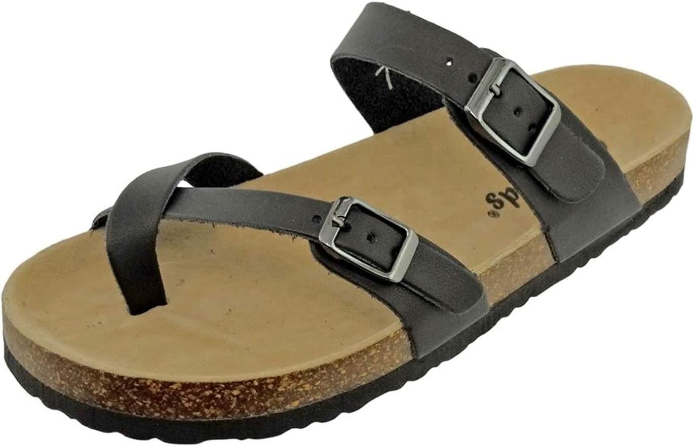 Women's Bork-30 Vegan Leather Adjustable Strap Toe-Loop Buckle Flats Sandals (6 B(M) US, Black)