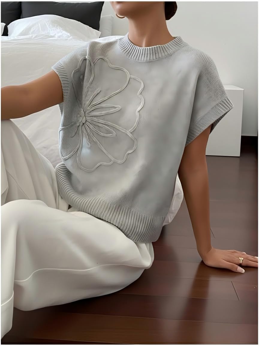 QJQ Women's Short Sleeve Sweater Vest 3D Flower Floral Decor Knit Crewnek Anthropologie Clothes Trendy Casual Cute Tops 2026 - Image 3