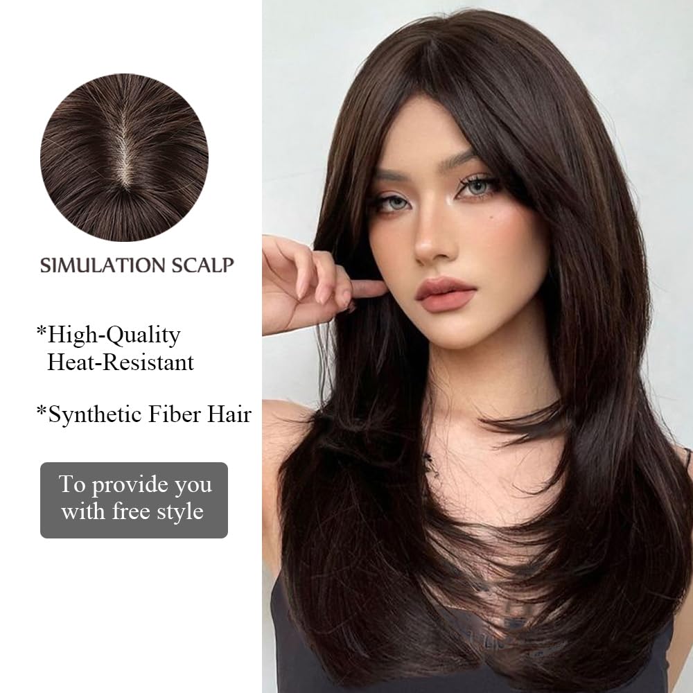 20 Pouces Longues Droites Marron Foncé Dégradé Cheveux Synthétiques Perruques avec Franges pour Les Femmes Utilisation Quotidienne pour Les Fêtes