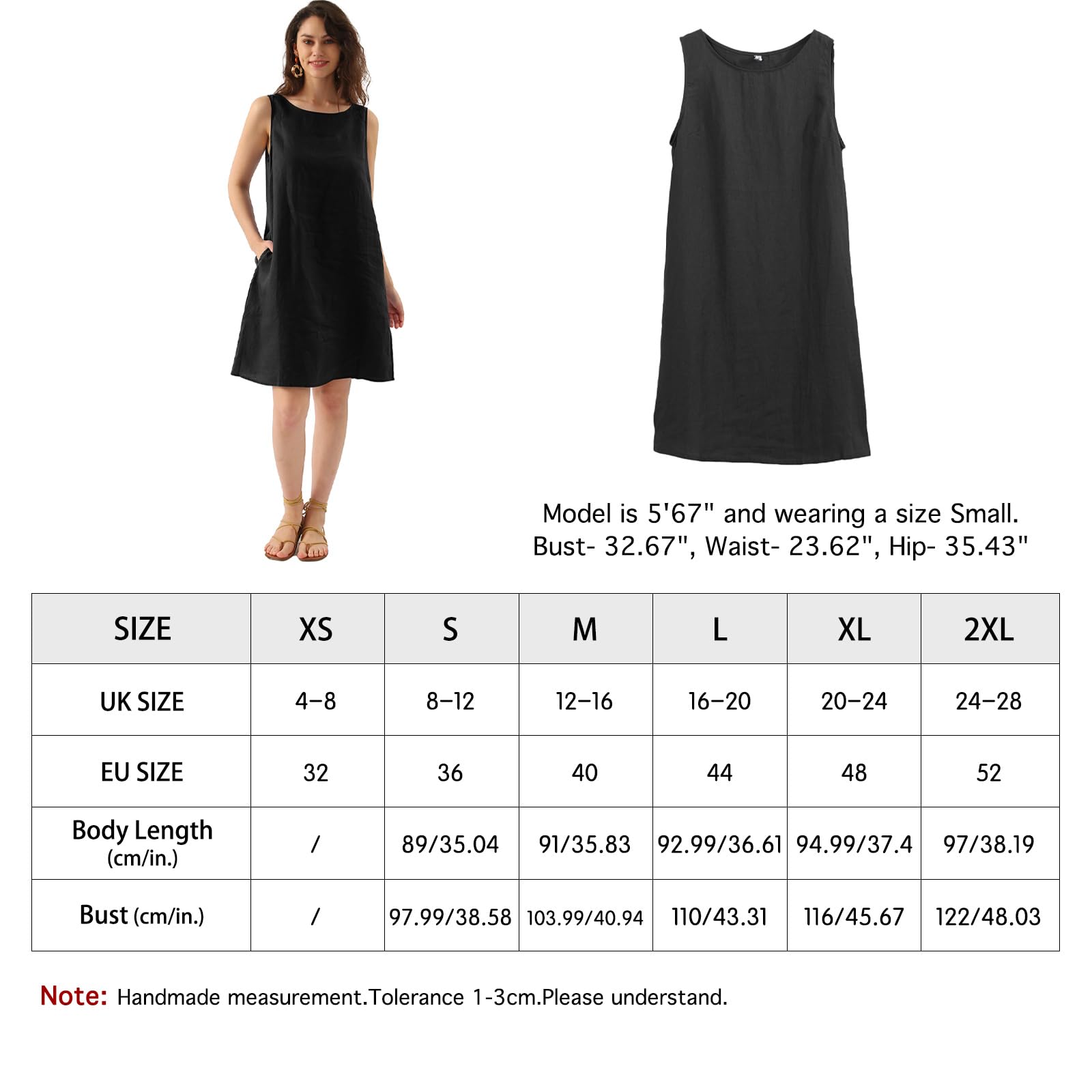Amazhiyu Vestido de lino para mujer, sin mangas, vestido de verano, vestido de playa, vestido midi hasta la rodilla, cuello redondo, sin mangas, con bolsillos