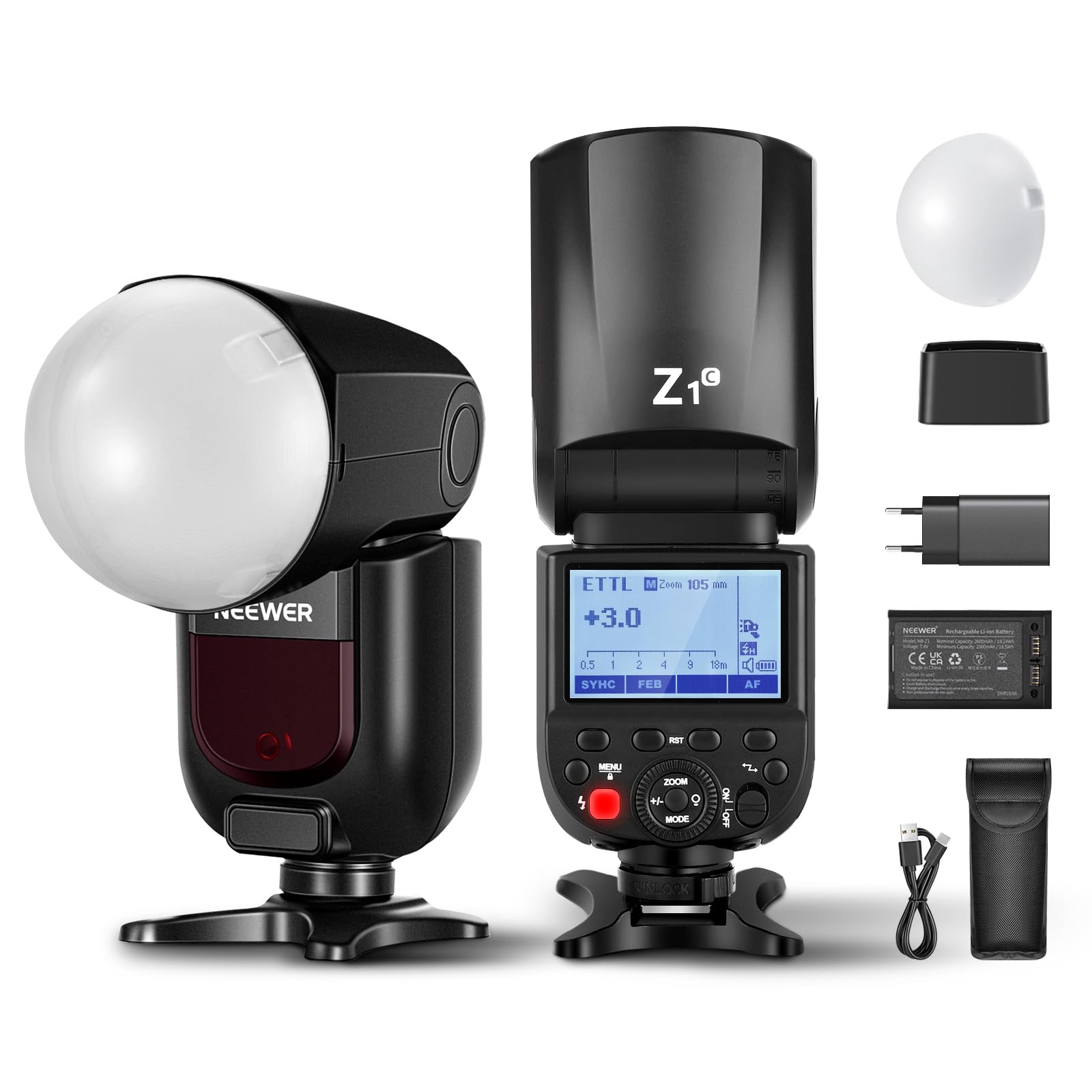 NEEWER Z1-C TTL lampa błyskowa z okrągłą głowicą Speedlite lampa błyskowa kompatybilna z Canon, lampa błyskowa z dyfuzorem magnetycznym, 76 W 1/8000 s HSS, 10 stopni LED lampa regulacyjna, 7,4 V 2600