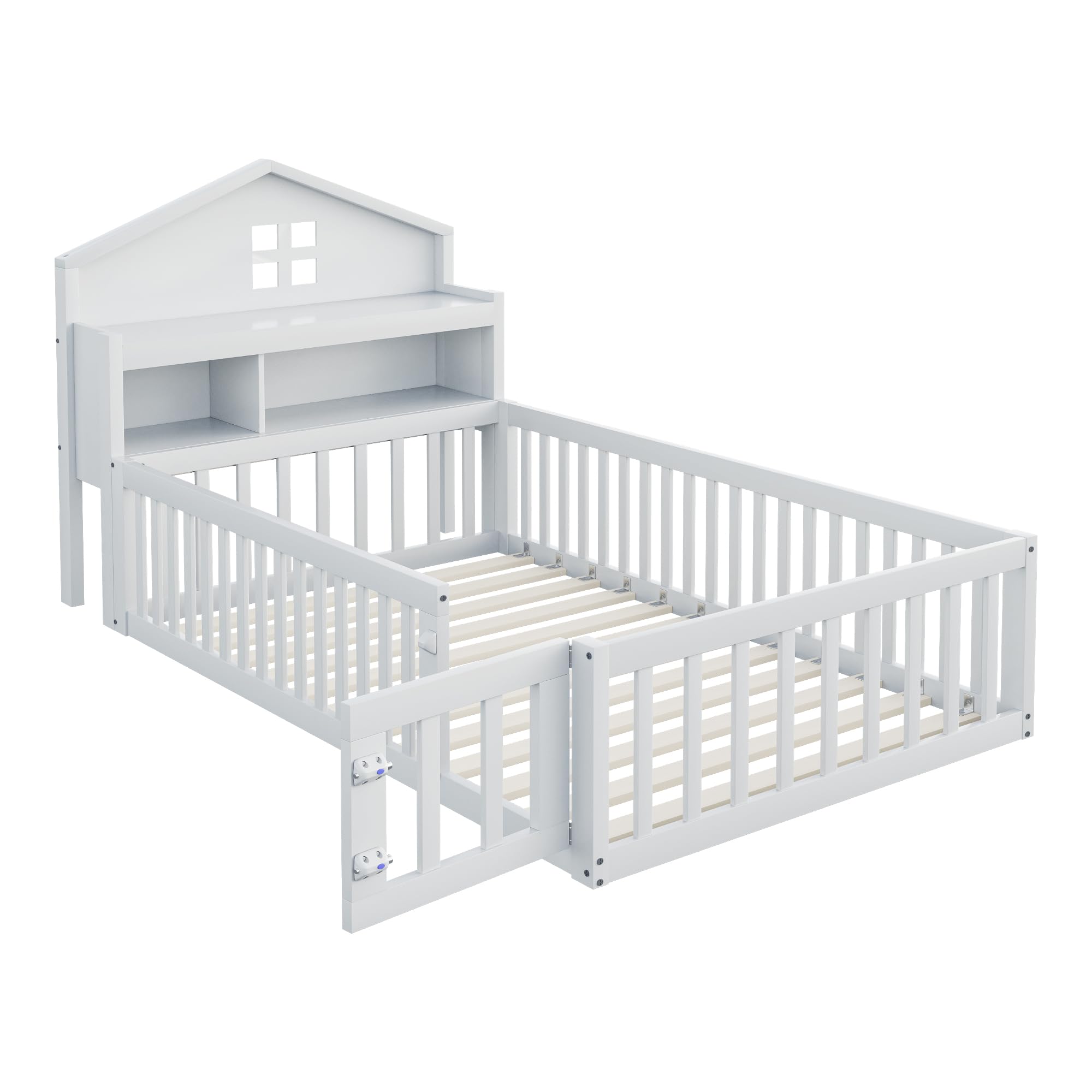 Kinderbett Bodenbett 90x200 cm mit Rausfallschutz&Lattenrost&Tür &Stauraum-Kopfteil&Tafel, Montessori Bett Bed Gitterbett Hausbett Kinder Jugendbett Einzelbett Holzbett Bettgestell, Massivholz, Weiß