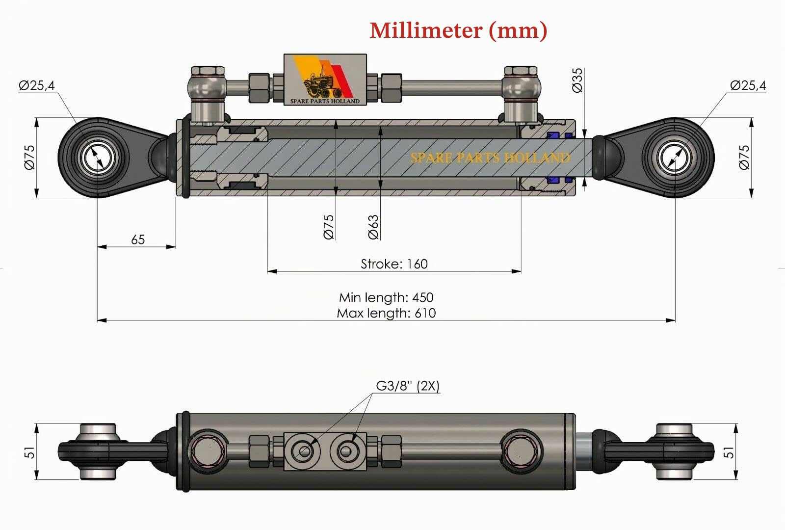 Hydraulischer Oberlenker Kat. 2-2 mit Sperrblock 450-610 mm mit 2 x Schlauch