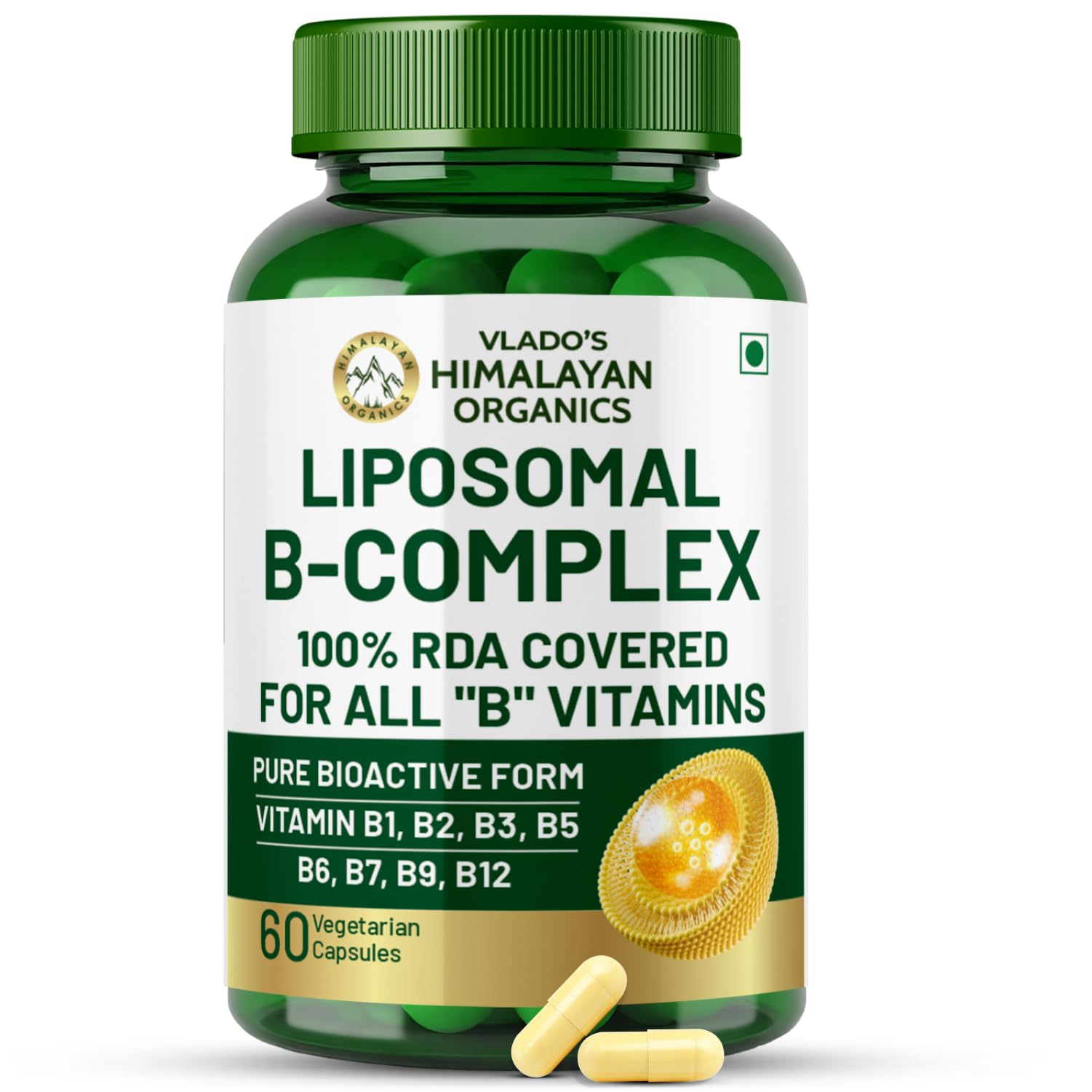 Vlado’s Himalayan Organics Plant Based Vitamin B Complex with 100% RDA B1, B2, B3, B5, B6, B9 & B12 | Hair Growth, Boost Energy And Immunity (60 Capsules)