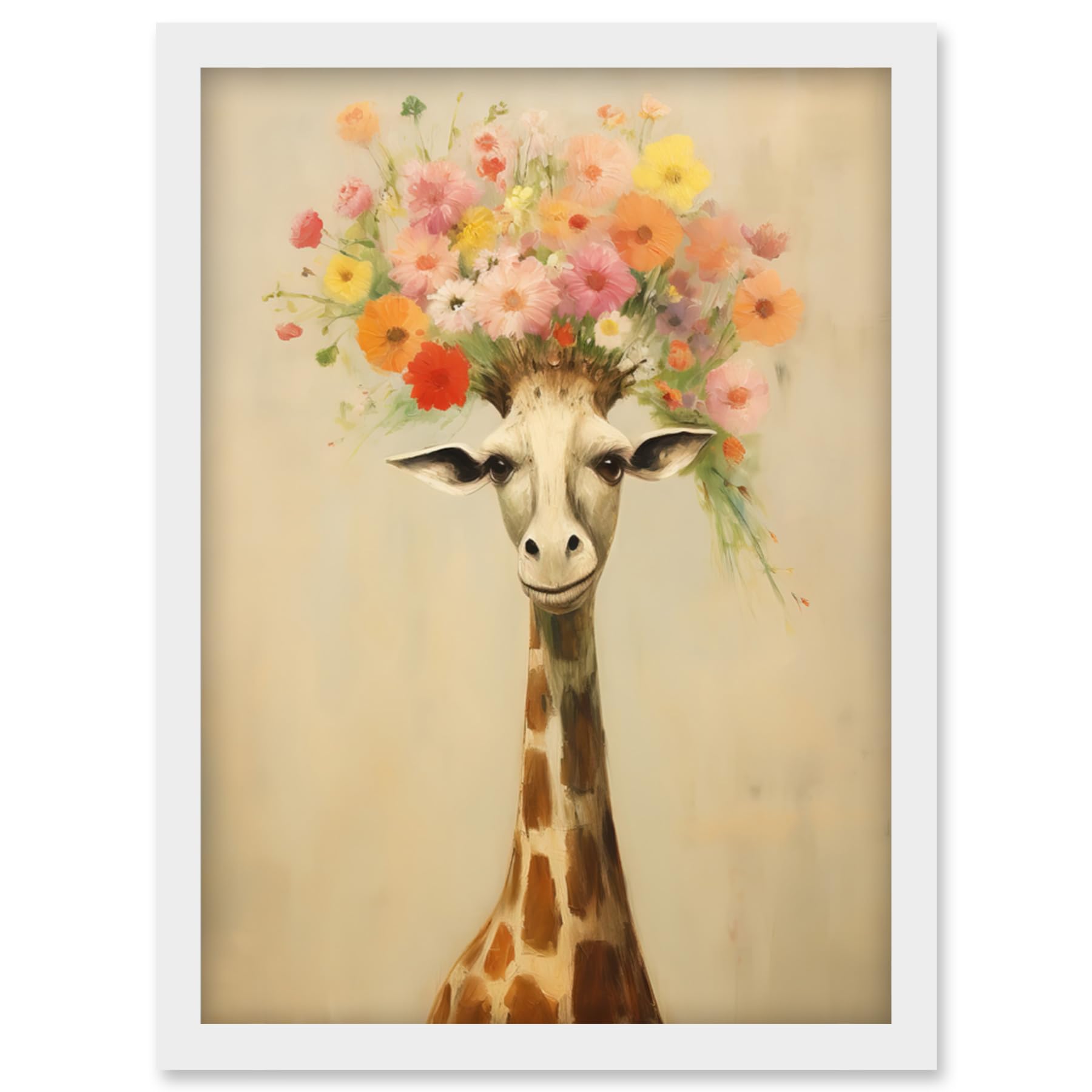 Artery8 Cheerful Giraffe with Wildflower Bouquet Hat Spring Camouflage Whimsical Oil Painting Nursery Artwork Framed Wall Art Print A4
