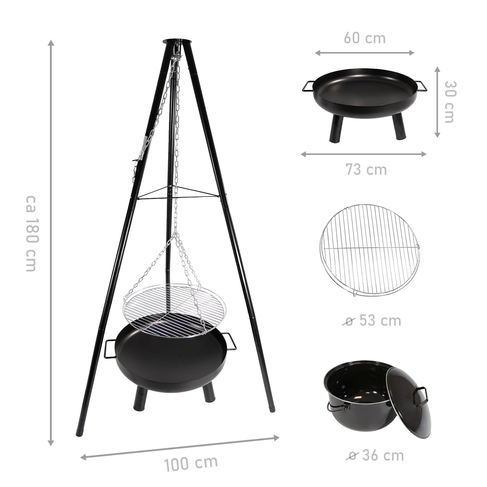 LEMODO Schwenkgrill mit Feuerschale, Dreibein Grill mit Grillrost, Hängegrill mit Gulaschkessel, 3 Bein Grill für BBQ, Grillgestell für Gulaschtopf, Holzkohlegrill mit Zubehör