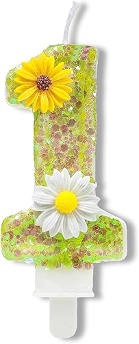 Velas de pastel de cumpleaños 1, velas verdes número 1 con margarita, perfectas para fiestas de cumpleaños o celebraciones de vacaciones