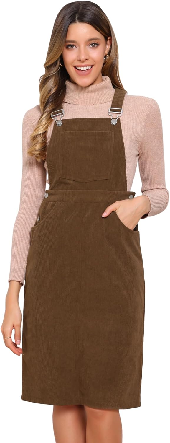 Allegra K Corduroy Overall Dress for Women Midi Length Adjustable Straps Pockets Square Neck Casual Pinafore Dress