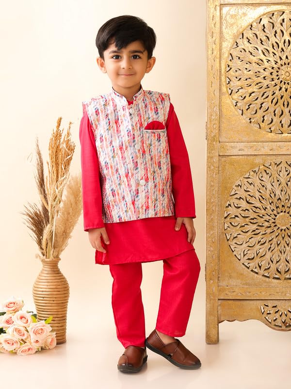 Image of superminis Boys Cotton Printed Full Sleeves Kurta Pyjama with Jacket Ethnic Wear Set
