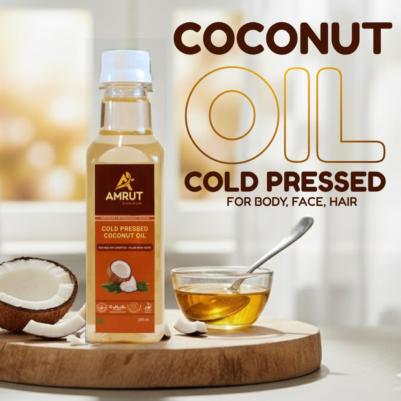 AMRUT ELIXIR OF LIFE Pure Cold Pressed Virgin Coconut Hair Oil 250ml | Herbal Ayurvedic Reduces Hair Fall, Nourishes for Smooth Shiny Healthy Hair