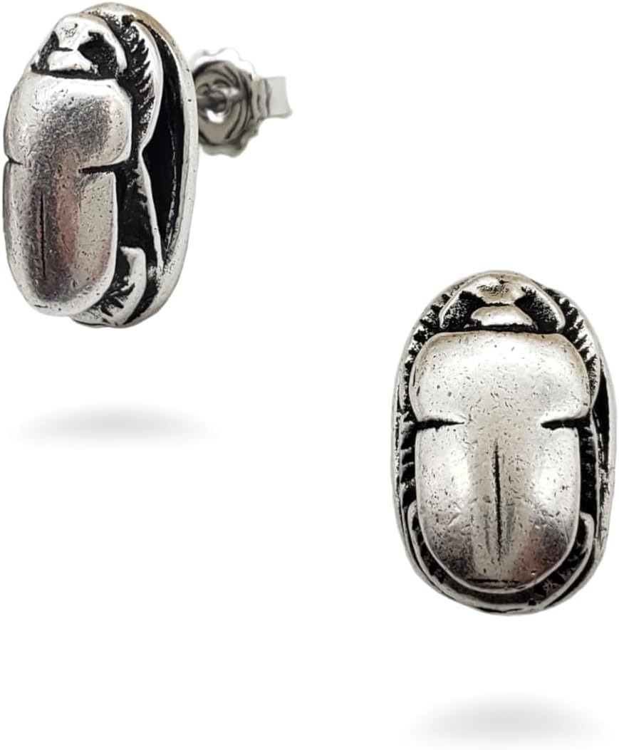 Egyptian Scarab Post Earrings - Silver Finish - Made in USA