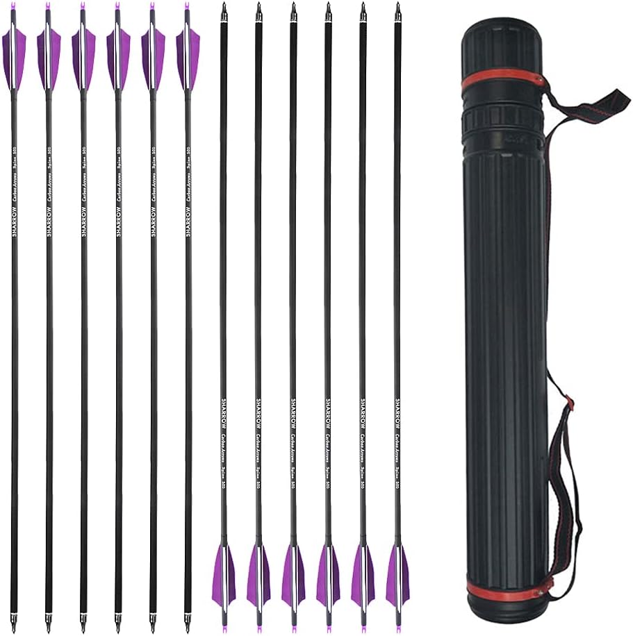 SHARROW 6/12 Pack 30 Inch Archery Carbon Arrows Practice Hunting Arrows Spine 500 with 4 Inch Turkey Feathers 100 Grain Removable Tips for Compound Recurve Bow