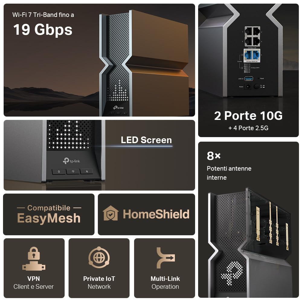 TP-Link WiFi 7 Archer BE800 Router WiFi, BE19000 19Gbps, Schermo a LED, Tri-Band, Canali 320 MHz, Porta Ethernet da 10 Gbps, Ripetitore, WiFi 7 Senza Precedenti, Alexa, HomeShield, MLO, VPN